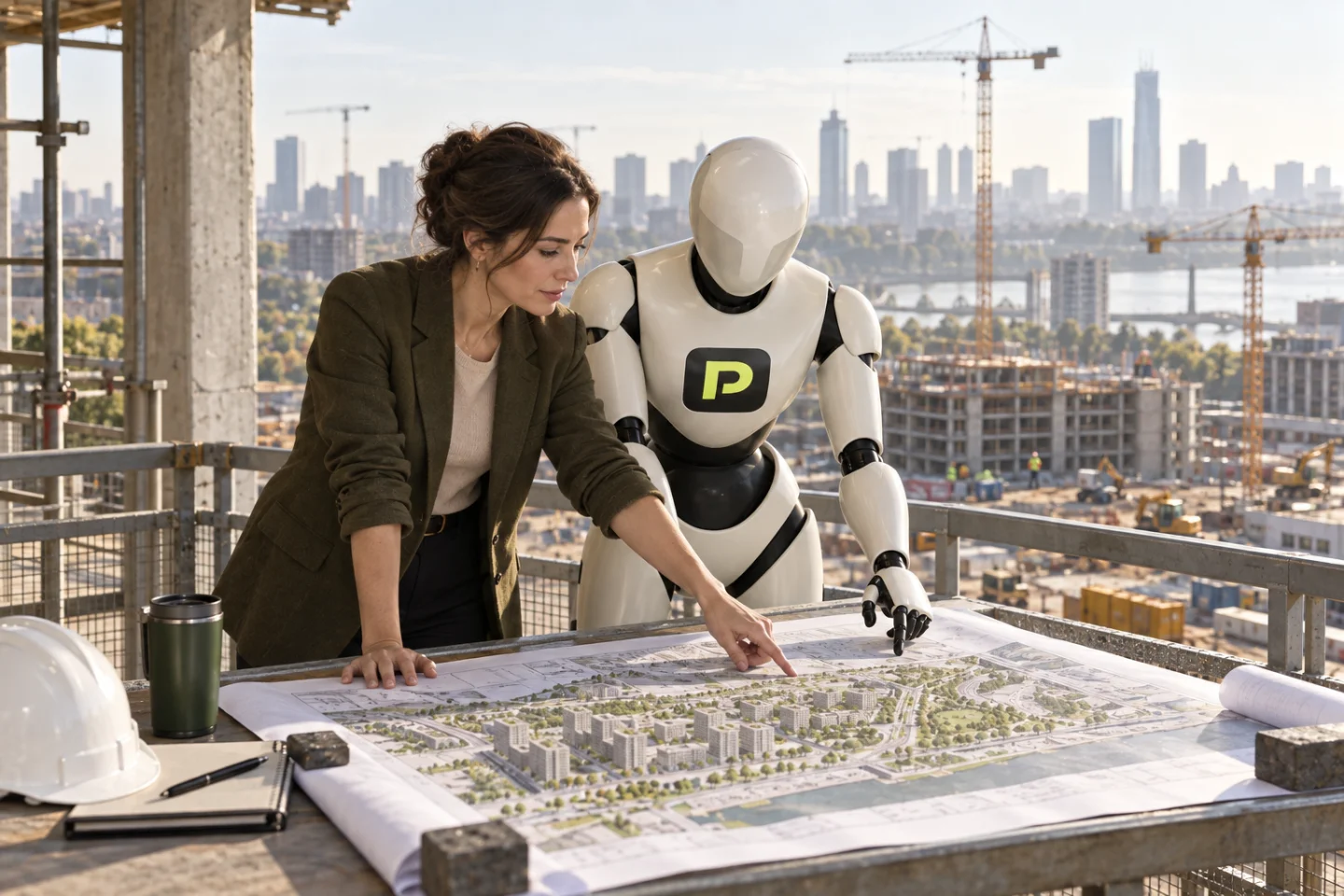 Property professionals and the Propfessor robot review a development proposal.