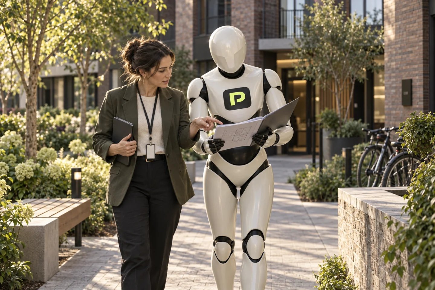 A property manager and the Propfessor robot discuss a building.