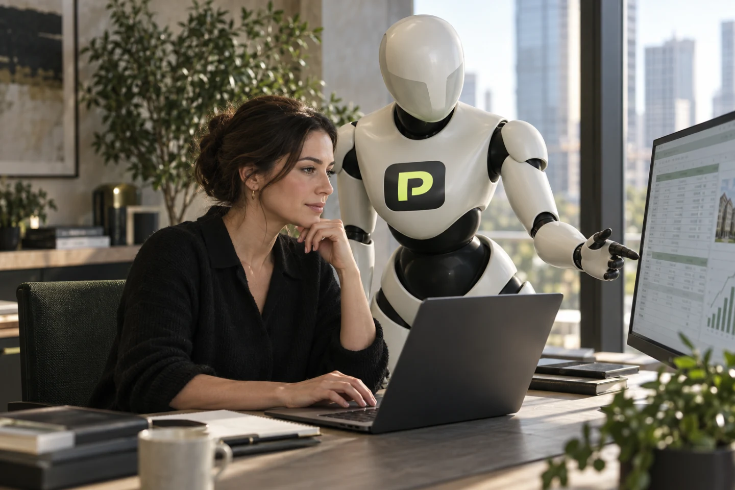 The Propfessor robot helps a property professional working at her computer.