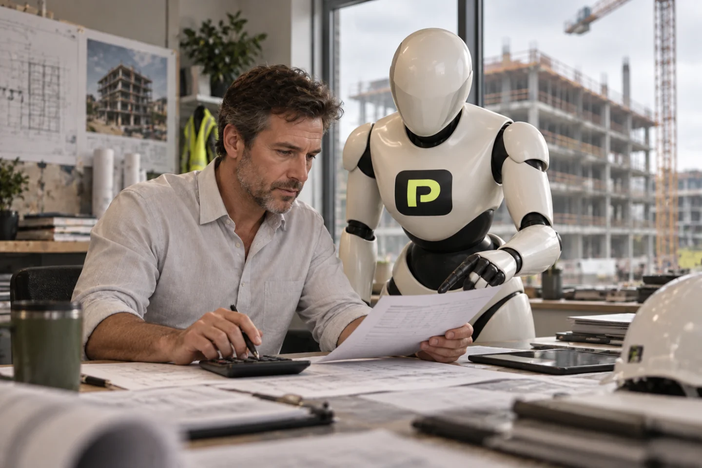 A project professional and the Propfessor robot compare actual costs with a forecast.