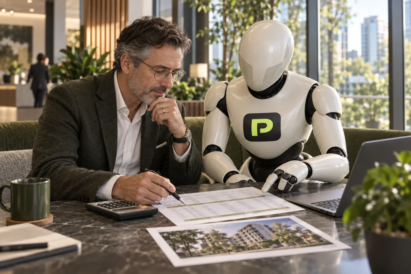 A property professional and the Propfessor robot review investment documents.