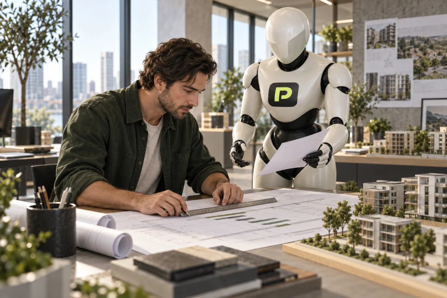 A development adviser and the Propfessor robot check fees against a project programme.