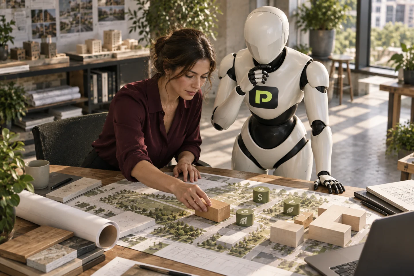 A development analyst and the Propfessor robot inspect a land appraisal.