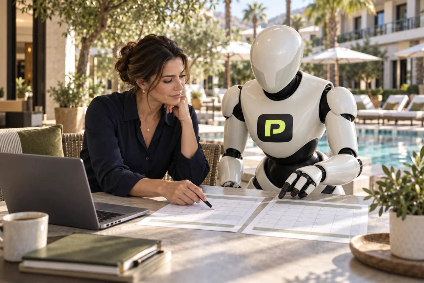 A hotel professional and the Propfessor robot examine occupancy information.