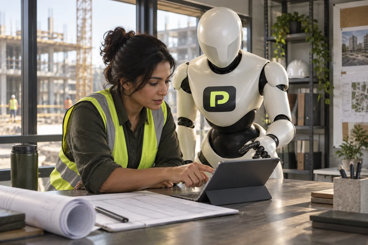 A construction coordinator and the Propfessor robot examine drawing records.