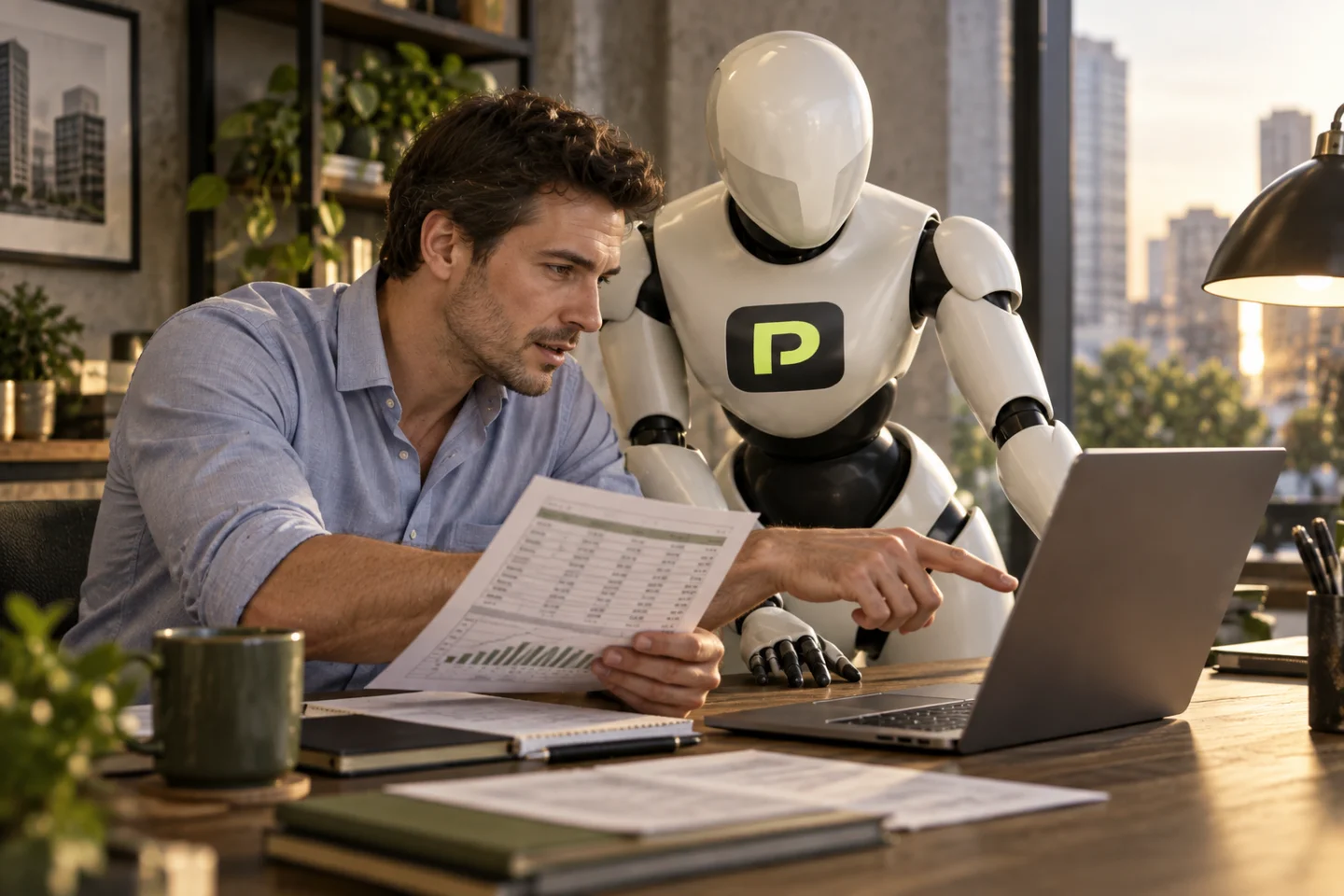 A learner and the Propfessor robot trace a cash receipt through a spreadsheet.