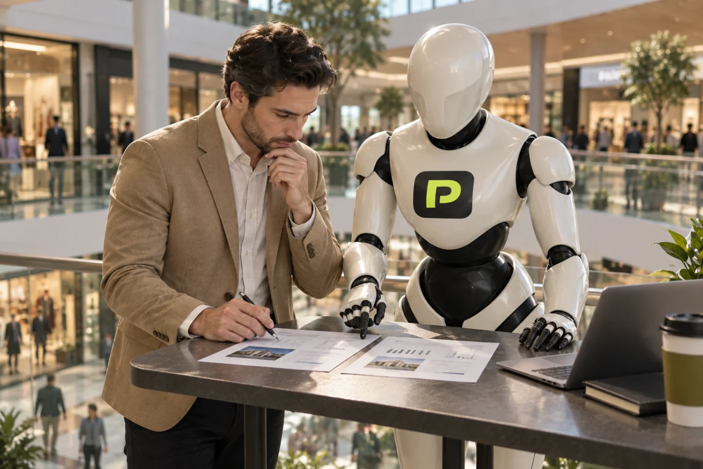 An analyst and the Propfessor robot compare lease documents in a shopping centre.