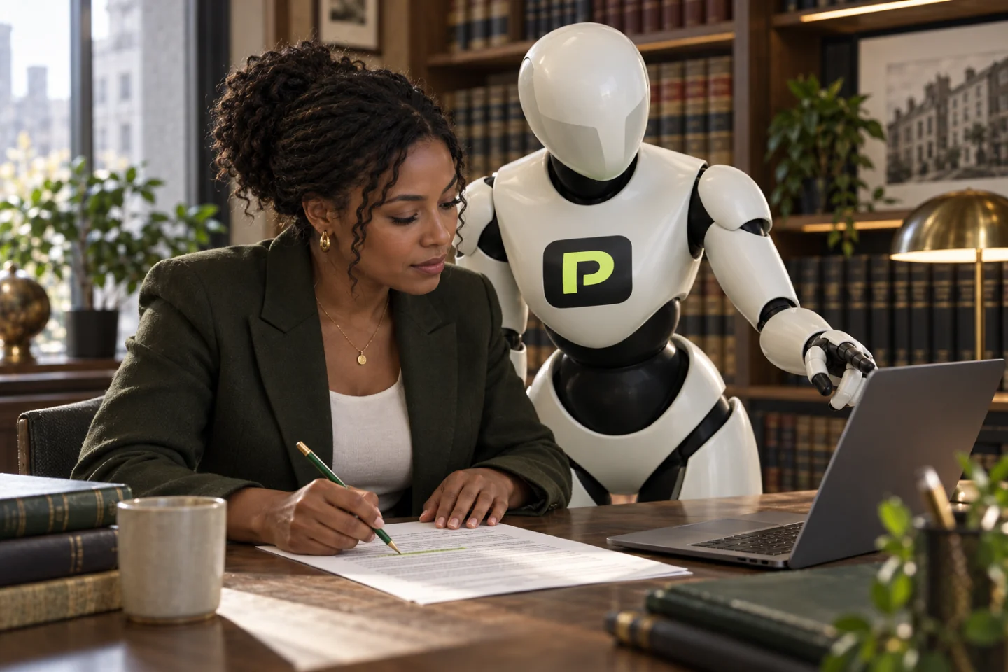 An analyst and the Propfessor robot check a report against original documents.