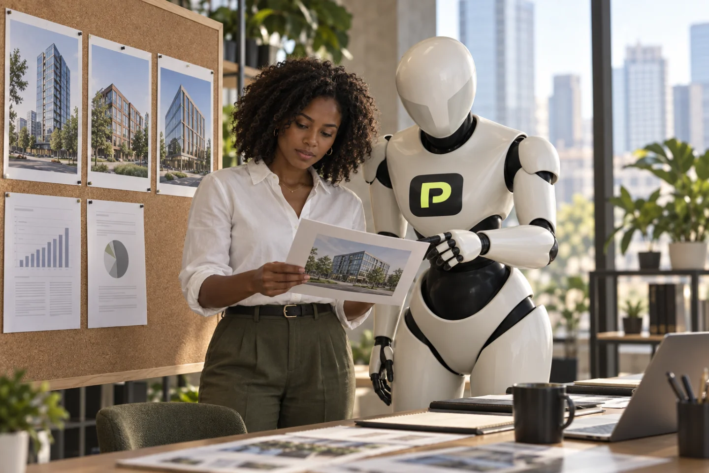 An analyst and the Propfessor robot compare information for three properties.