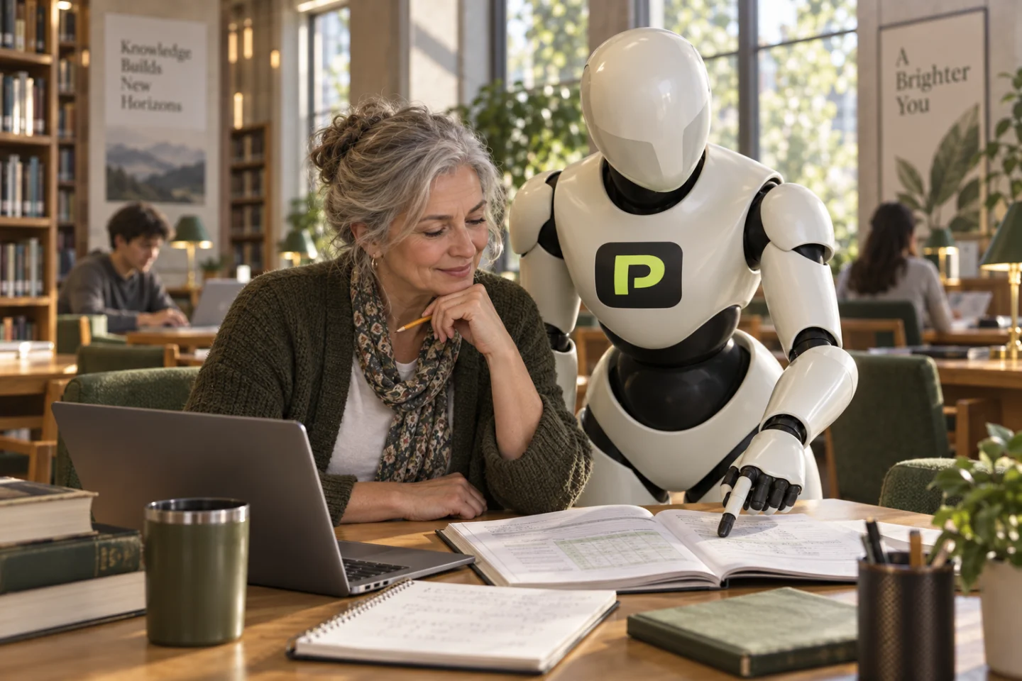 A learner and the Propfessor robot work through a cash-flow exercise.